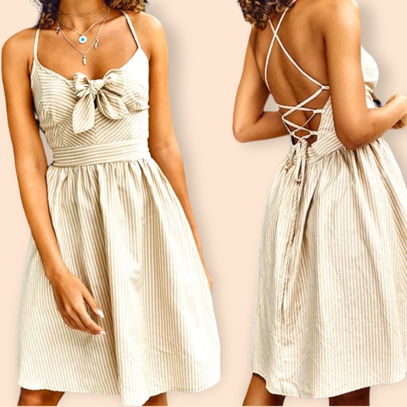 Cupshe Dresses & Skirts - NEW | CUPSHE Apricot Stripe Print Elegant Knotted Midi Dress | Linen Feel Tan XL